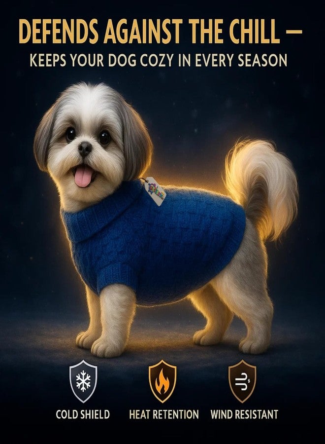 ويستيرن إرا سترة صوفية محبوكة يدويًا للكلاب من سلالة شيه تزو، بتصميم مستوحى من العصر الغربي | طقم ملابس شتوية دافئ وناعم للكلاب في الطقس البارد | سترة مريحة قابلة للتمدد بياقة عالية | ملابس شتوية مريحة للحيوانات الأليفة | أنيقة (أزرق) - Image 3